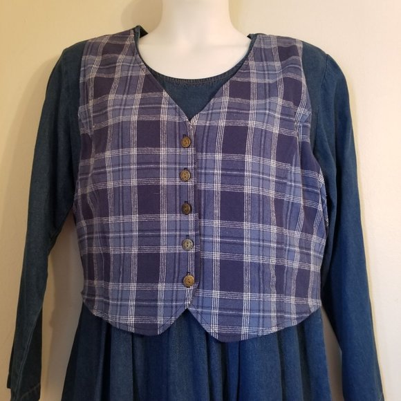 Carol Andersson 16 Blue Jean Denim Plaid Flannel Vest Dress Modest Church Vintag - Picture 4 of 10